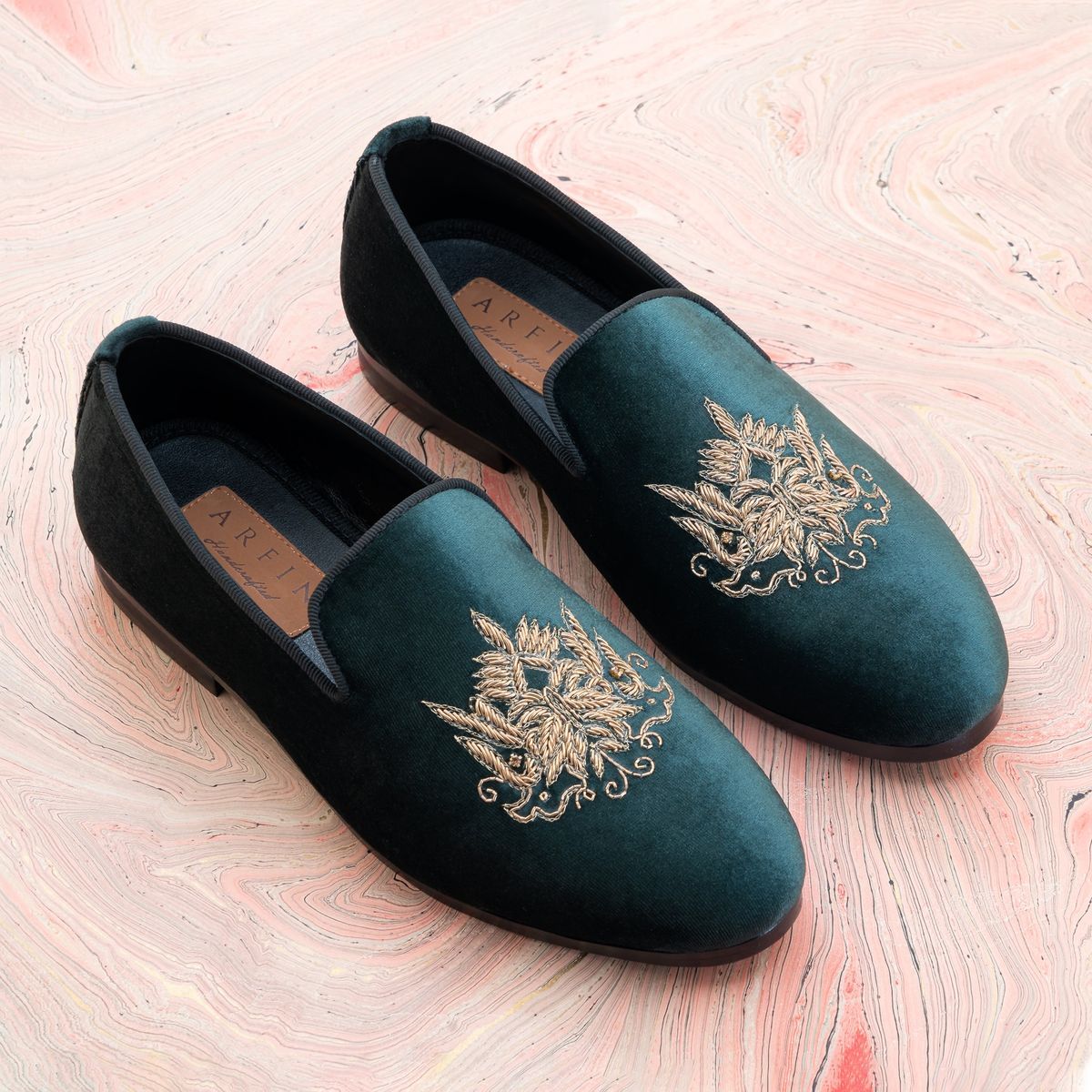 Green Tribal Zardozi Velvet Slip-On Image