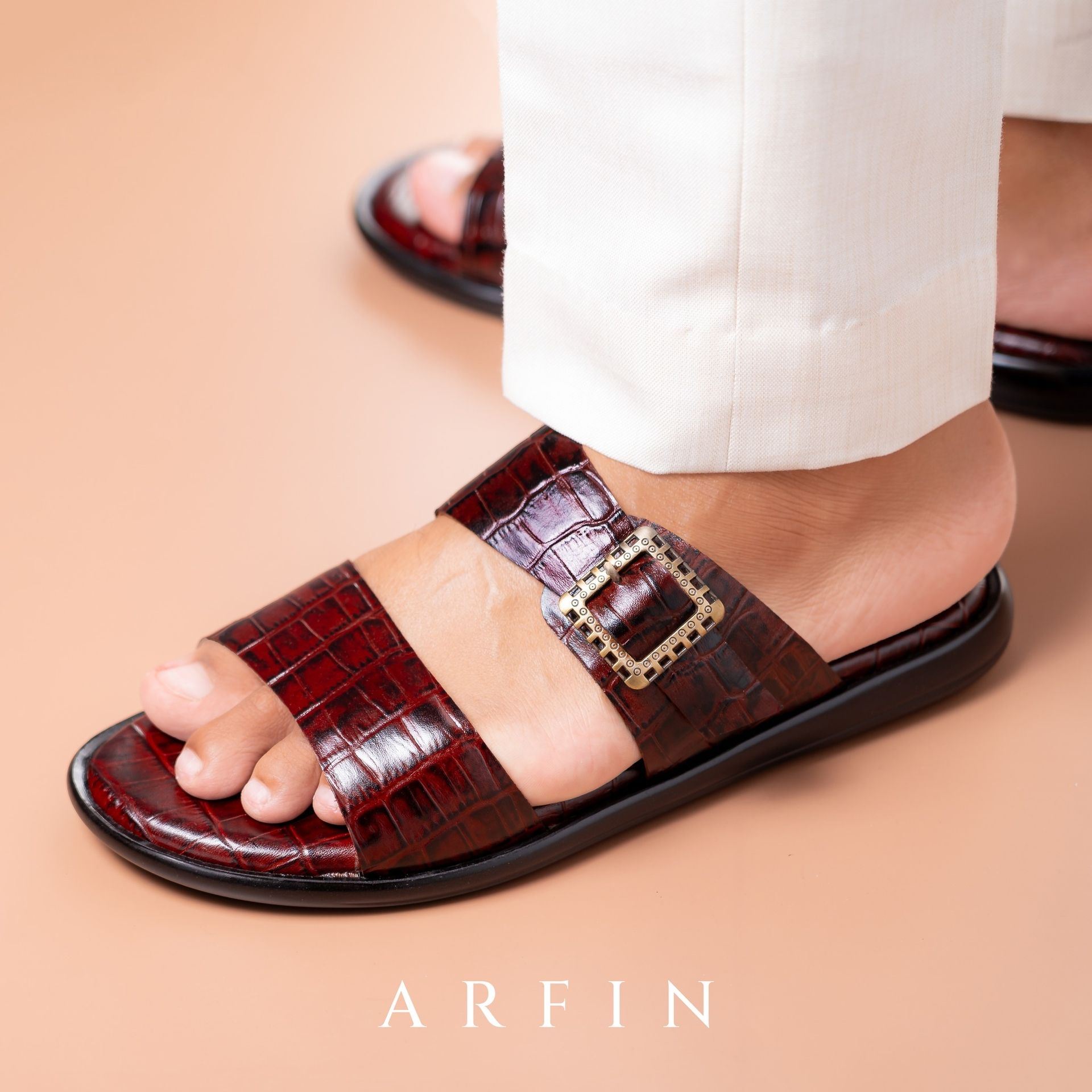 ARFIN Double Strap Croc Brown Sandal Image