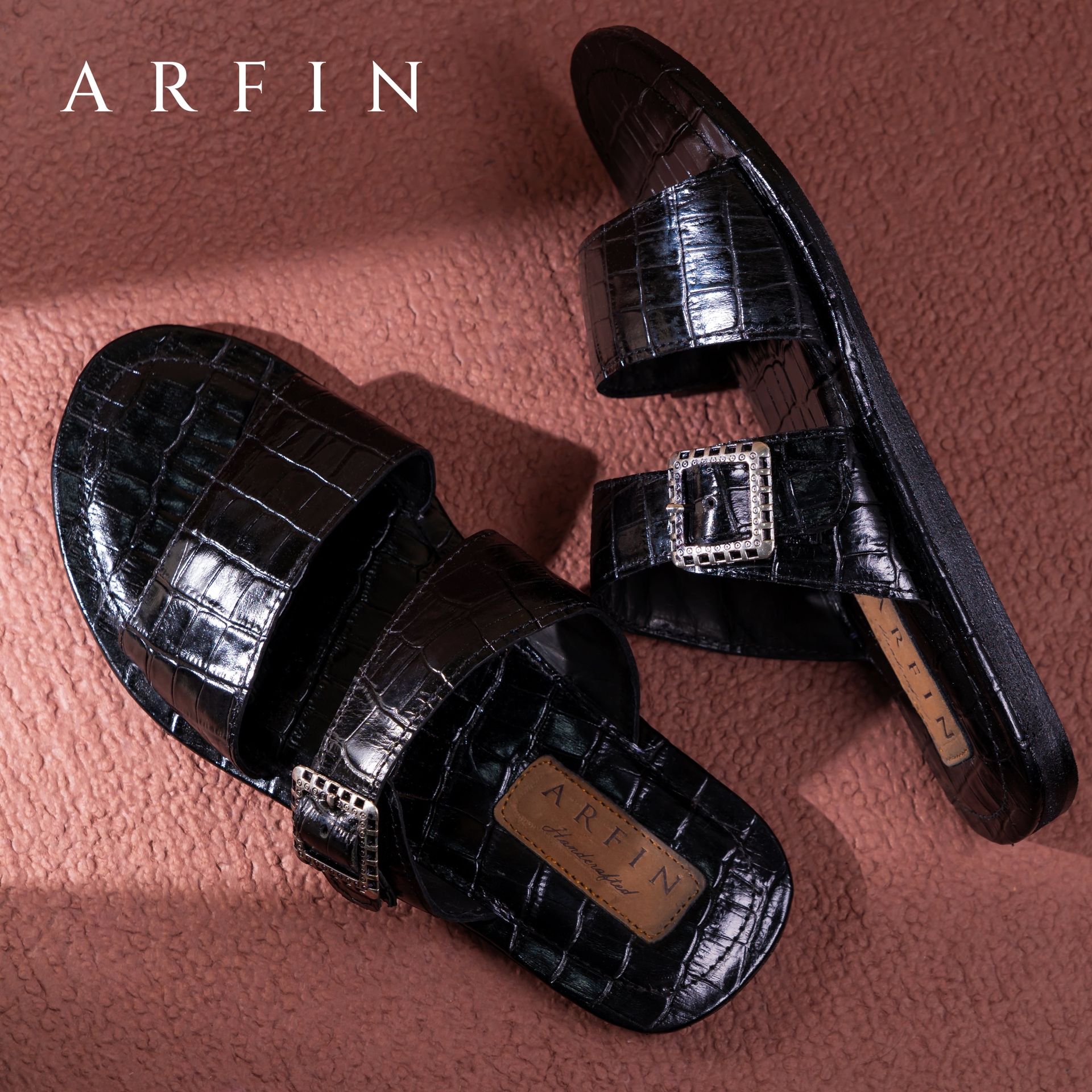 ARFIN Double Strap Croc Black Sandal Image