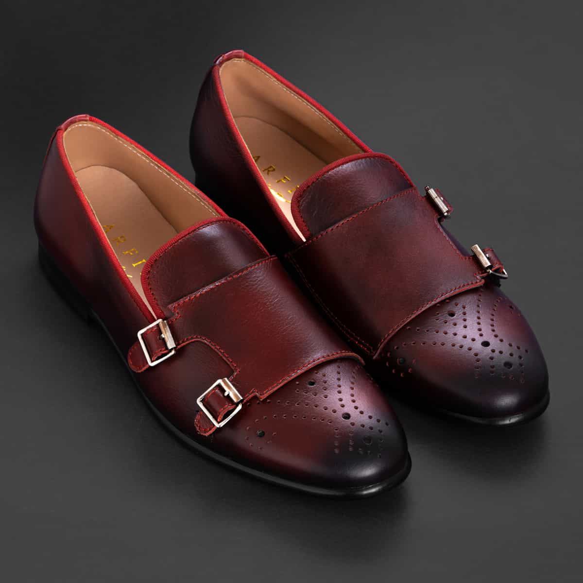 Brogue Double Monk Loafer in Burgundy Image