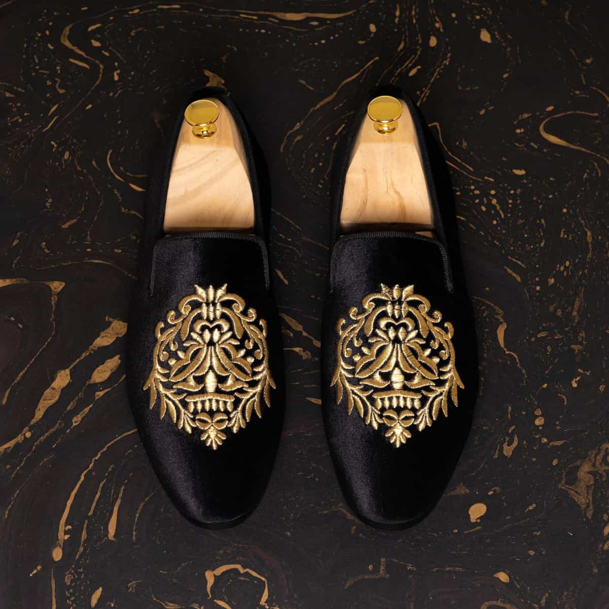 Golden-Embroidered Damask Velvet Slip-On Image