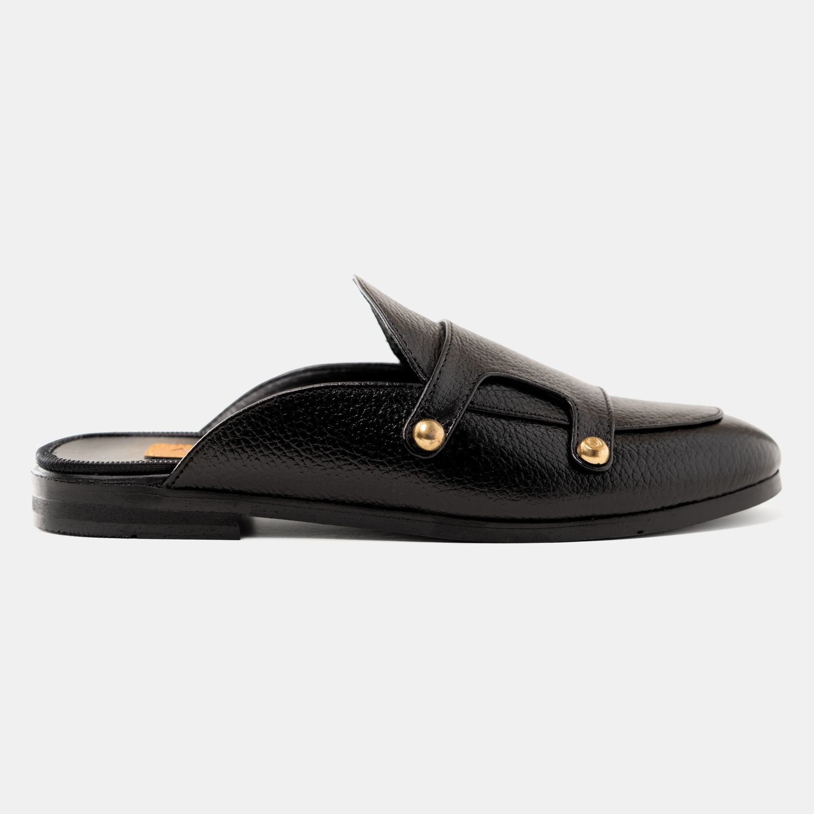 Black Grain Leather Buttoned Half Shoe