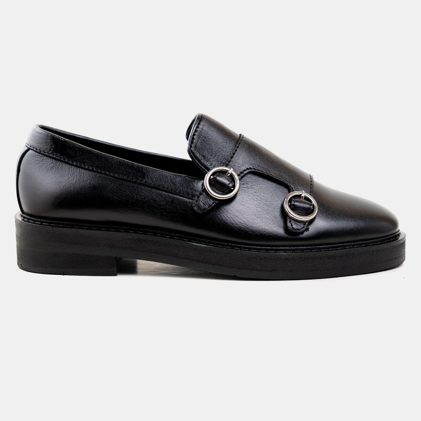 Dual Buckle Leather Monk Loafers