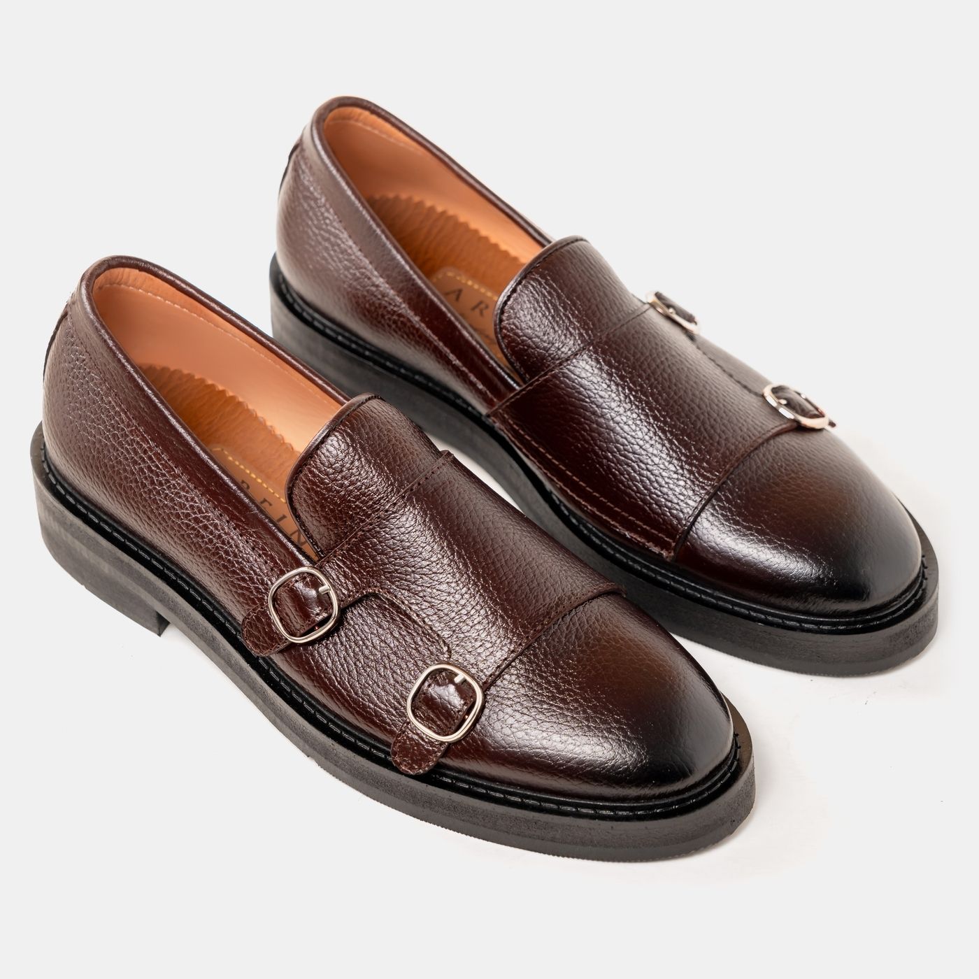 Dual Buckle Leather Monk Loafers